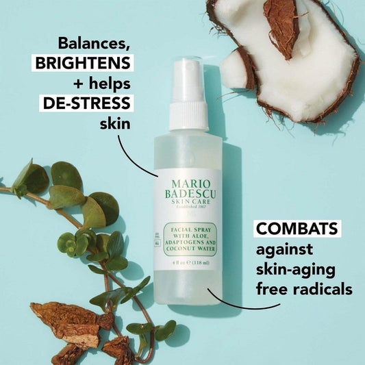Mario Badescu Facial Spray 118ml with Aloe, Adaptogens & Coconut Water for brightening and hydrating dry skin.