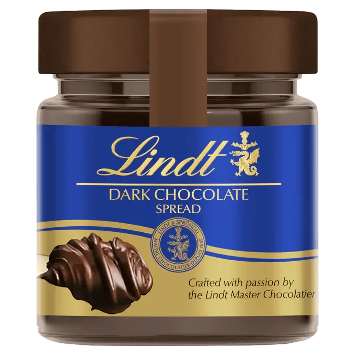 Lindt Dark Chocolate Spread 200g jar, a luxurious treat for toast, pancakes, and desserts.