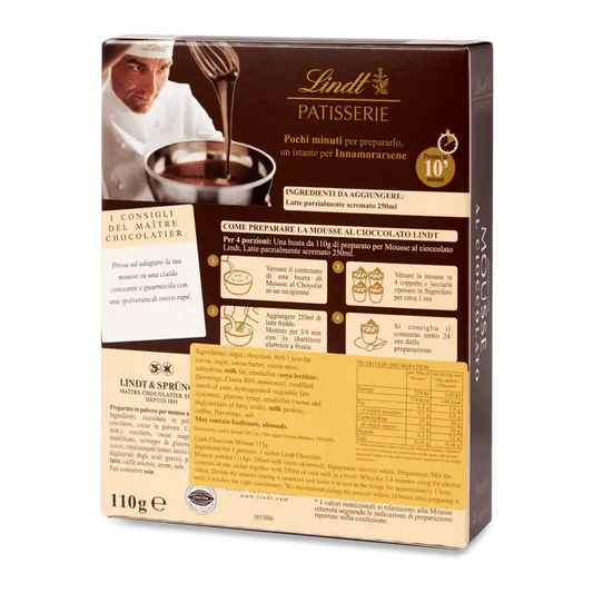 Lindt Chocolate Mousse 110g packaging, showcasing preparation instructions and ingredients for a rich, gluten-free dessert.