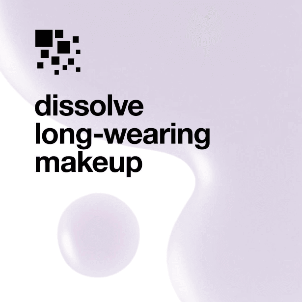 Text promoting a makeup remover that dissolves long-wearing makeup on a soft pastel background.