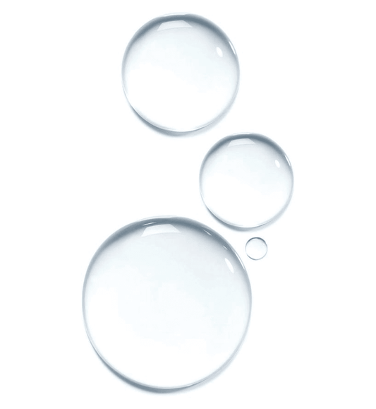 Clear water droplets of varying sizes representing purity and hydration.