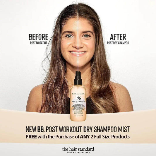 Before and after using Bumble and bumble Post Workout Dry Shampoo Mist, showcasing refreshed, clean hair.