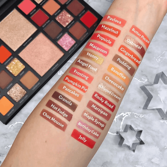 Swatches of LaRoc Cosmetics PRO The Bakery Box Eyeshadow Palette on an arm, showcasing vibrant colors and textures.