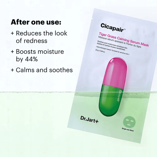 Dr. Jart Cicapair Tiger Grass Calming Serum Mask 25g, reduces redness, boosts moisture by 44%, calms sensitive skin.