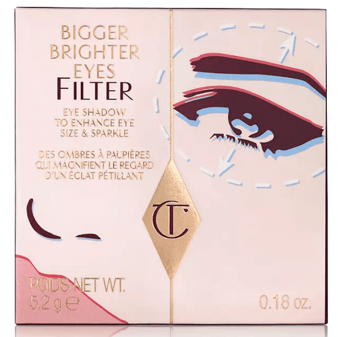 Charlotte Tilbury Bigger Brighter Eyes Eyeshadow Palette - Exagger-Eyes packaging with eye design and filter text.