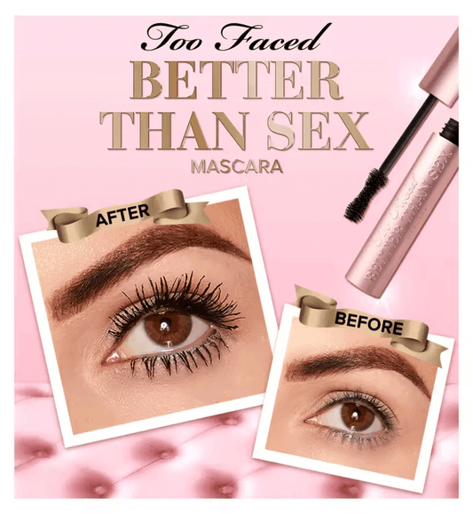 Before and after comparison of Too Faced Better Than Sex Mascara showcasing dramatic lash transformation.