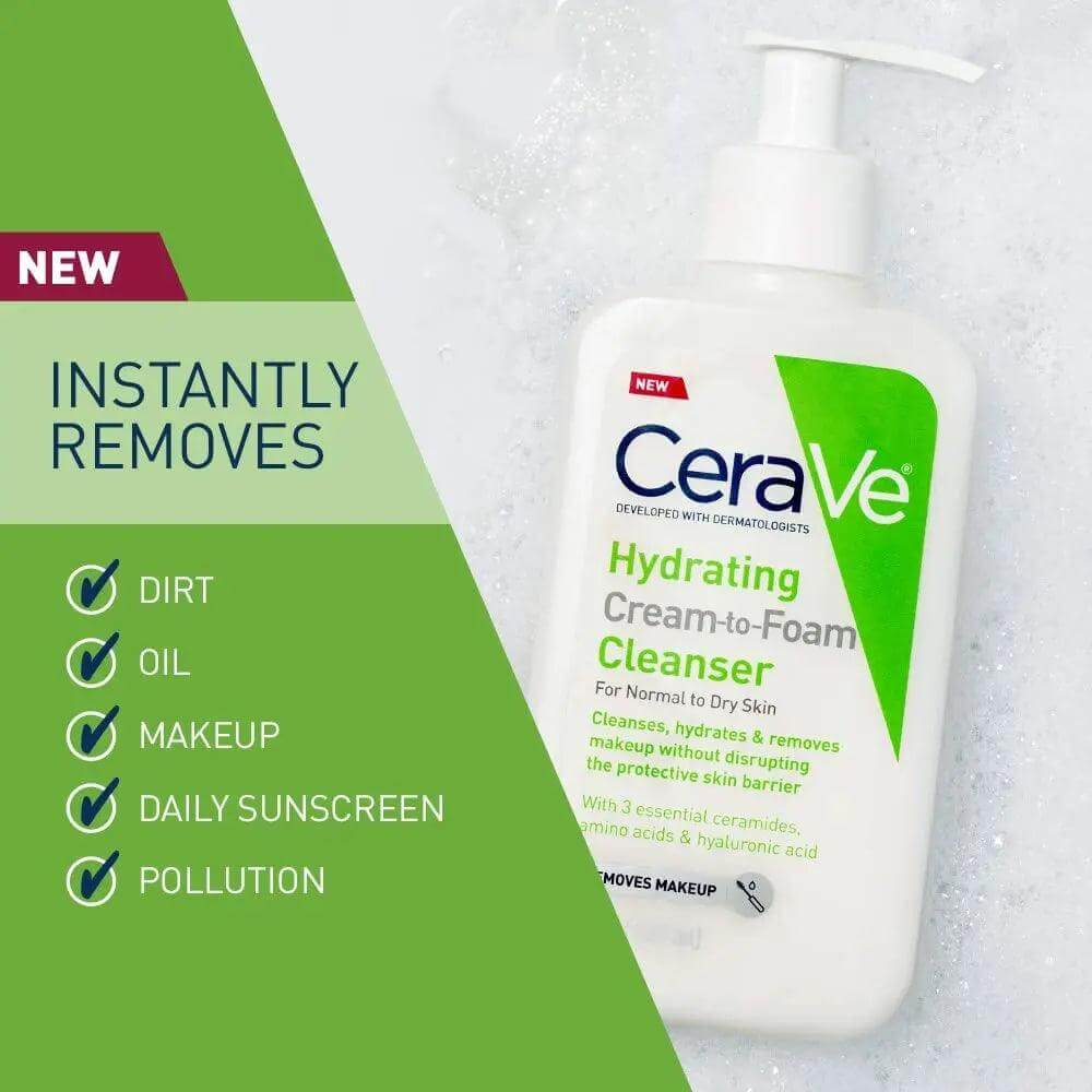 CeraVe Hydrating Cream to Foam Cleanser 236ml removes dirt, oil, makeup, and pollution for normal to dry skin.