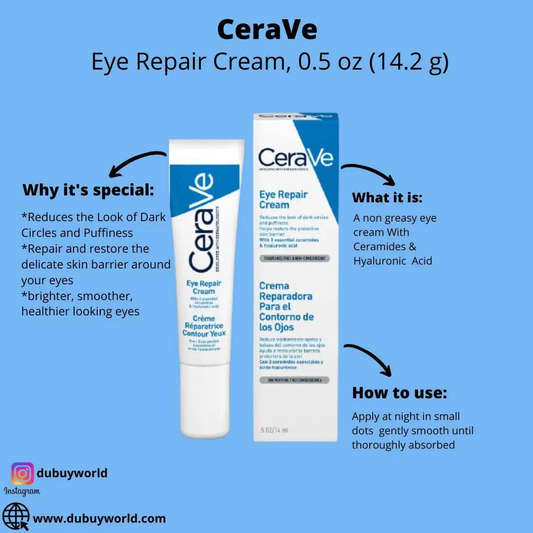 CeraVe Eye Repair Cream 14ml reduces dark circles and puffiness, enriched with ceramides and hyaluronic acid for smooth skin.