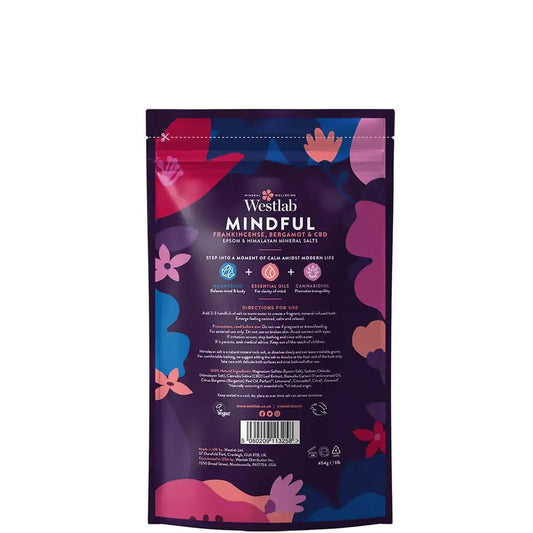 Westlab Mindful Bathing Salts packaging with vibrant colors and product details, highlighting Epsom and Himalayan salts.