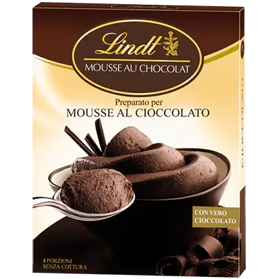 Lindt Chocolate Mousse 110g packaging featuring rich chocolate mousse with real Lindt chocolate, gluten-free dessert mix.