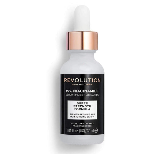 Revolution Skincare 15% Niacinamide Serum for blemish control and hydration in a sleek dropper bottle.
