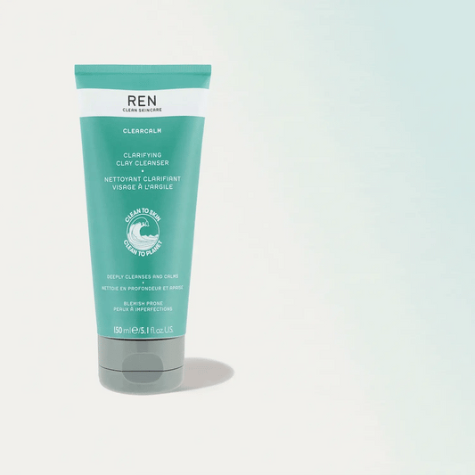 REN Clean Skincare Clarifying Clay Cleanser 150ml tube for blemish control and gentle cleansing.