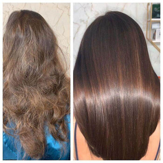 Before and after results of using Color Wow Dream Coat Supernatural Spray for smooth, glossy hair.