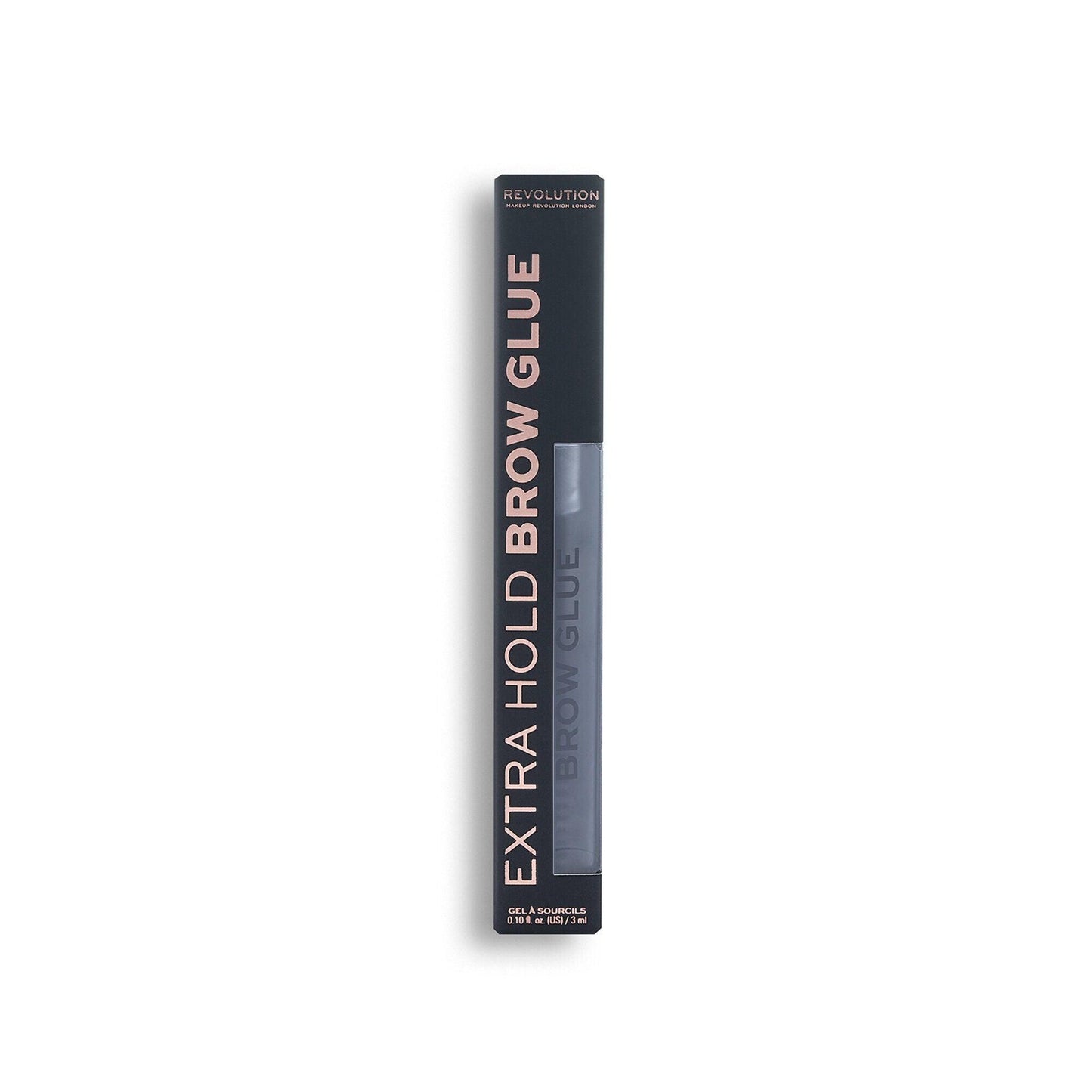 Makeup Revolution Extra Hold Brow Glue packaging featuring bold lettering for perfect feathered brows.