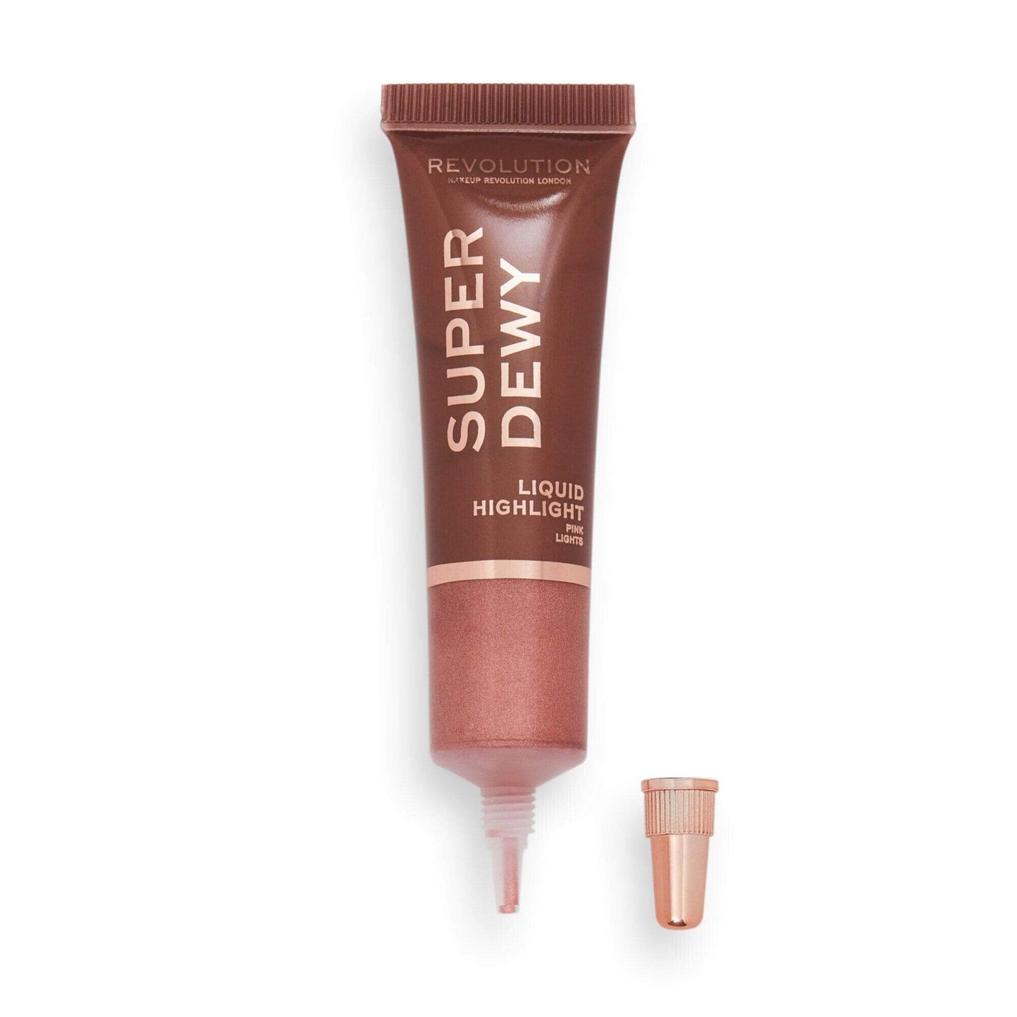 Revolution Superdewy Liquid Highlighter in Pink Lights with nozzle applicator for radiant summer glow.