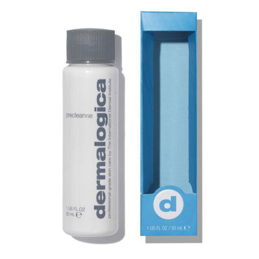 Dermalogica Precleanse 30ml bottle next to blue packaging for deep cleansing skincare solution.