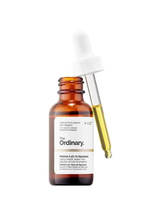 The Ordinary Retinol 0.5% in Squalane 30ml serum bottle with dropper, ideal for youthful, revitalized skin.
