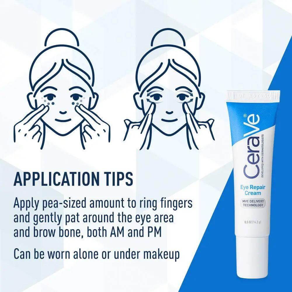 Apply CeraVe Eye Repair Cream tips for reducing dark circles and puffiness around the eyes.
