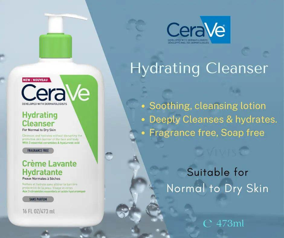 CeraVe Hydrating Cleanser 473ml bottle, suitable for normal to dry skin, fragrance-free, gentle hydrating formula.
