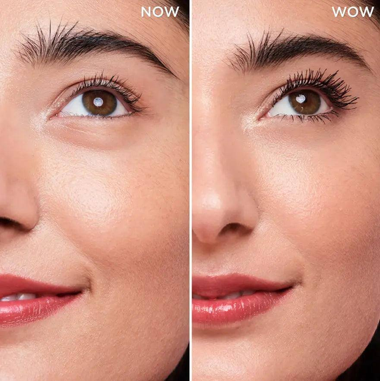 Before and after effect of Benefit Badgal Bang Mascara showcasing volumized lashes and enhanced eye look.