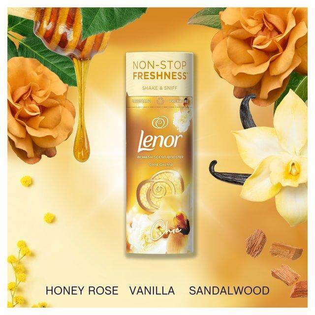 Lenor In-Wash Scent Booster - Gold Orchid surrounded by honey, rose, and vanilla flowers for non-stop freshness.
