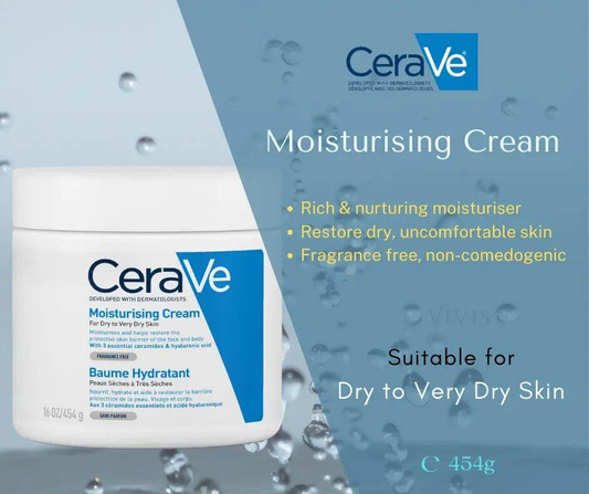 CeraVe Moisturising Cream 454g jar for dry to very dry skin, rich formula with essential ceramides and hyaluronic acid.