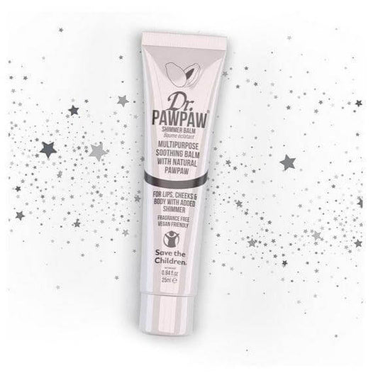 Dr. PawPaw Shimmer Balm 25ml tube against a shimmering starry background, ideal for moisturizing lips and skin.