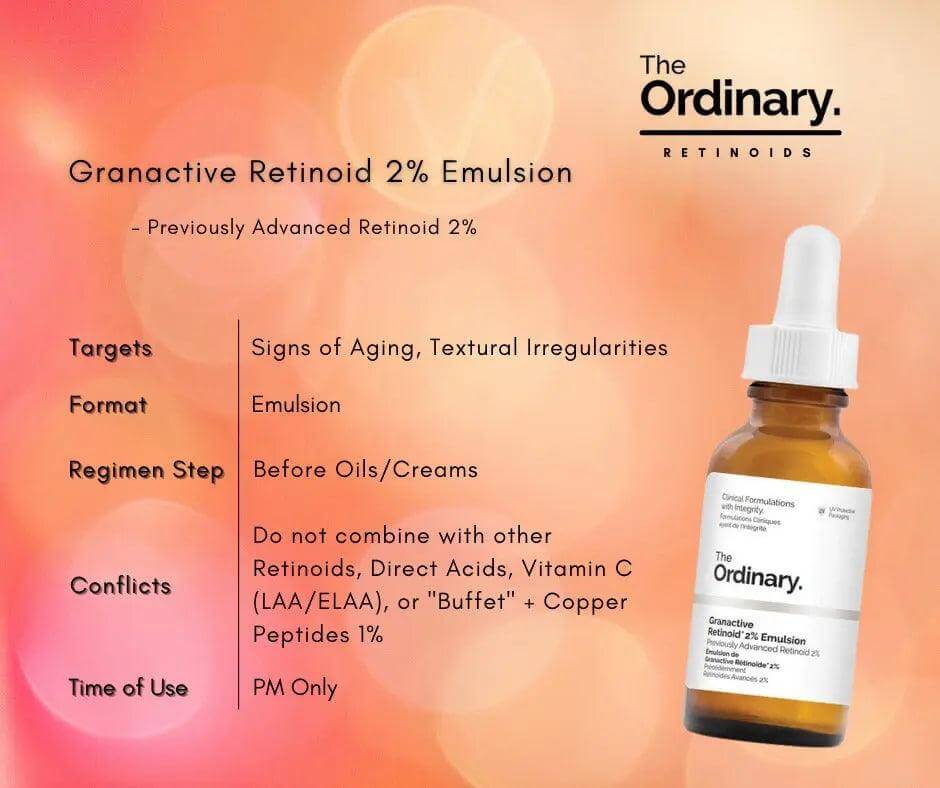 The Ordinary Granactive Retinoid 2% Emulsion 30ml, targets signs of aging, promotes skin health, suitable for PM use.