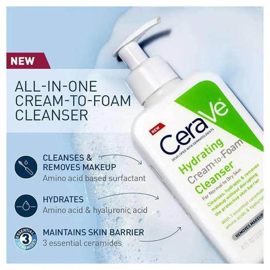 CeraVe Hydrating Cream to Foam Cleanser 236ml bottle showcasing its hydrating and makeup-removing benefits.