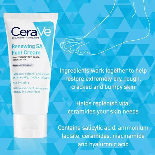 CeraVe SA Renewing Foot Cream tube with blue background, promoting hydration and exfoliation for dry, cracked feet.