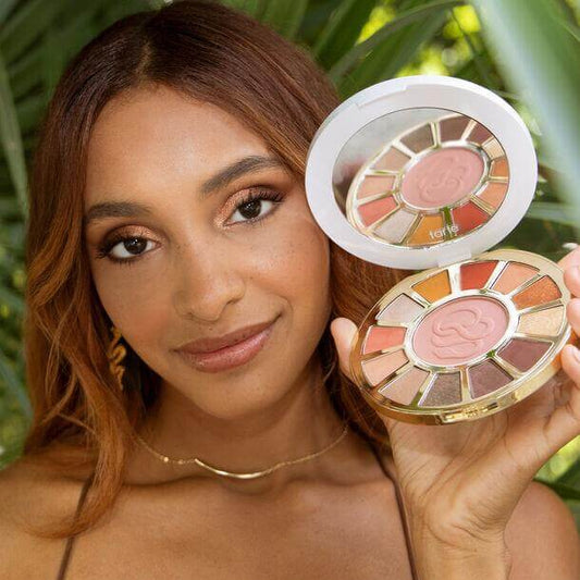 TARTE Rainforest Temptations eye & cheek palette displaying 12 warm shades and rosy blush, ideal for everyday beauty looks.