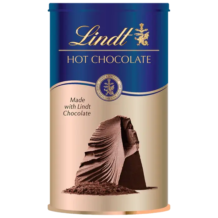 Lindt Hot Chocolate 300g tin featuring rich cocoa design, perfect for cozy drinks any season.