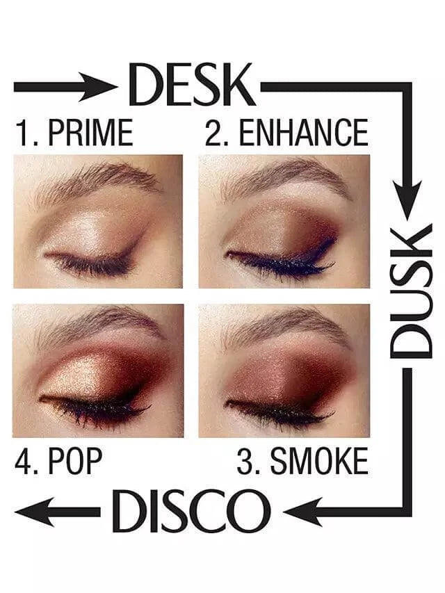 Four eye makeup looks using Charlotte Tilbury Luxury Eyeshadow Palette: Prime, Enhance, Smoke, and Pop.