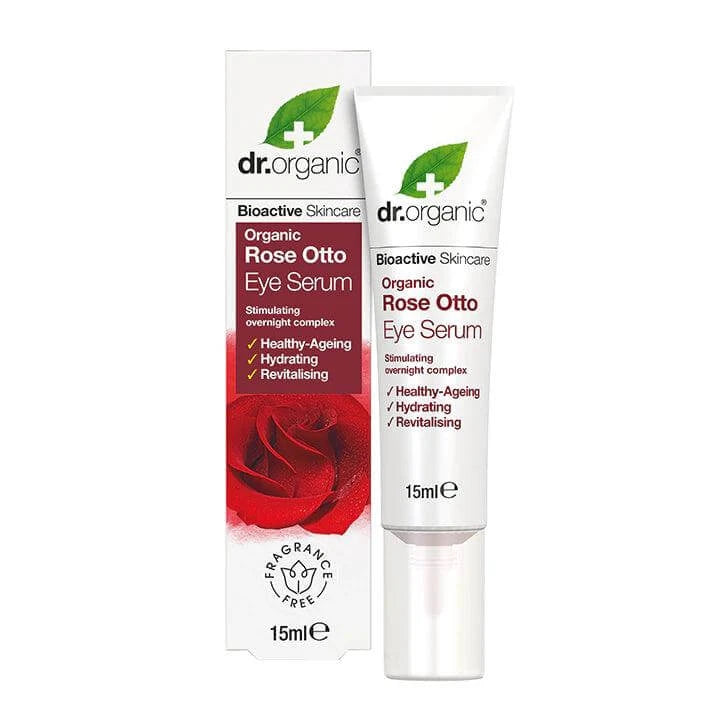 Dr Organic Rose Otto Eye Serum 15ml, hydrating, healthy-aging, revitalising formula for delicate skin.