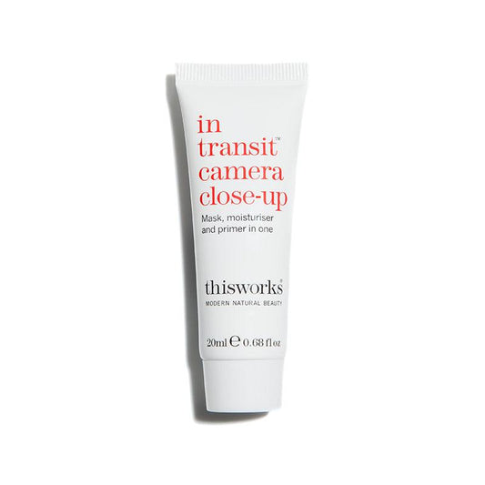 thisworks In Transit Camera Close Up 20ml tube, a mask, moisturiser, and primer for photo-ready skin.