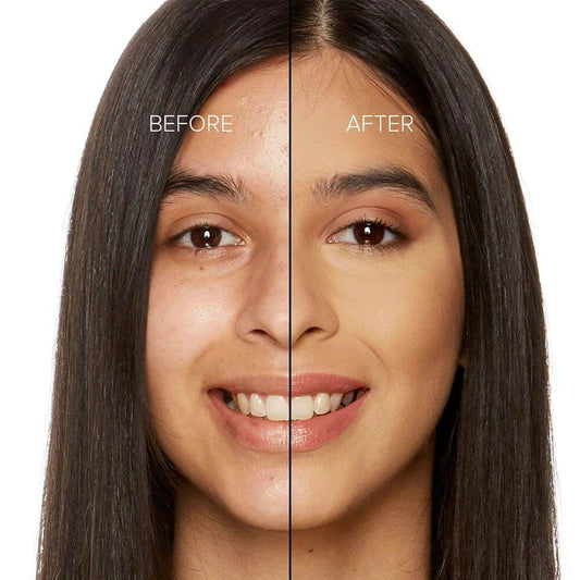 Before and after image showcasing the effects of Too Faced Born This Way Super Coverage Multi Use Concealer in Golden Beige.