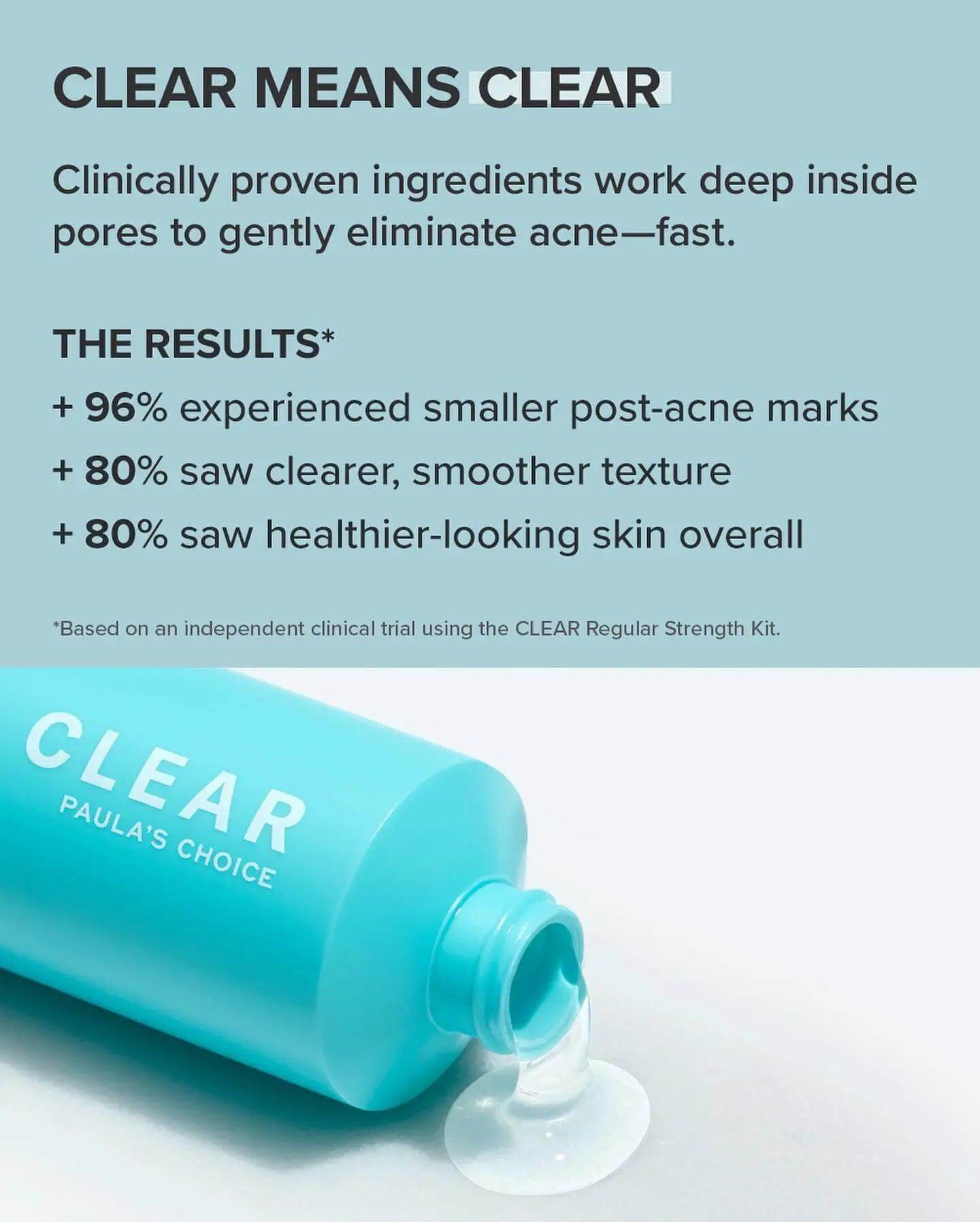 Paula's Choice Clear Cleanser results infographic highlighting acne treatment effectiveness and user satisfaction.