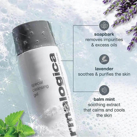 Dermalogica Special Cleansing Gel with soapbark, lavender, and balm mint ingredients for gentle skin cleansing.