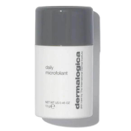 Dermalogica Daily Microfoliant 13g exfoliating powder in white container with gray lid for daily skin brightening.