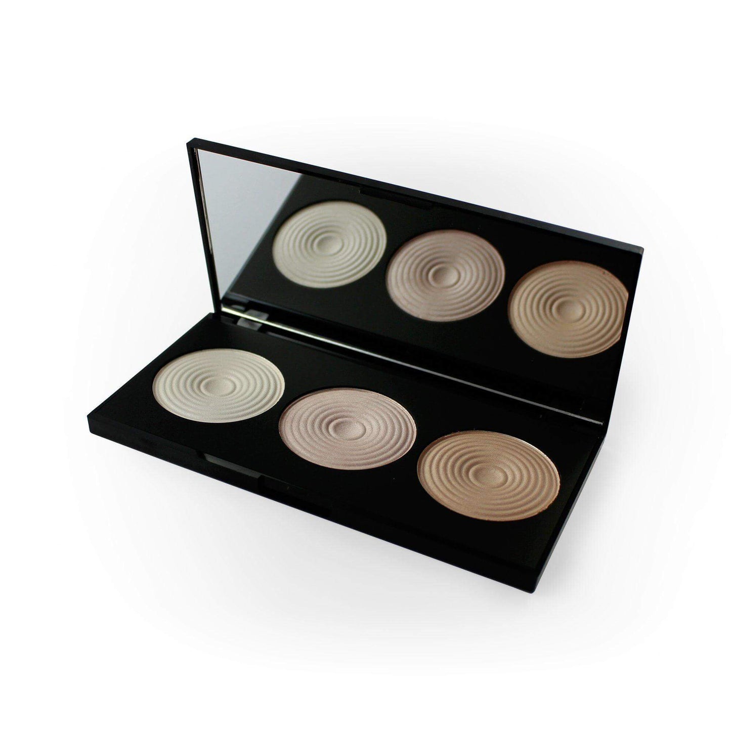 Makeup Revolution Beyond Radiance Highlighter Palette with three shades in a sleek black case and full-size mirror.