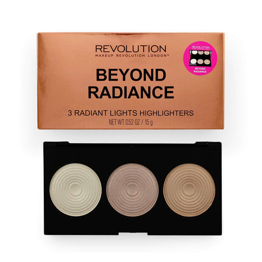 Makeup Revolution Beyond Radiance highlighter palette with 3 radiant shades in sleek packaging, vegan and cruelty-free.