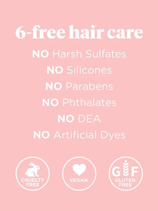 Infographic highlighting 6-free hair care: no harsh sulfates, silicones, parabens, phthalates, DEA, or artificial dyes.