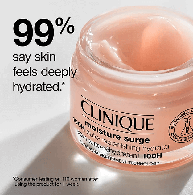 CLINIQUE Moisture Surge 100H Hydrator showing gel-cream formula, 99% skin hydration satisfaction rate.