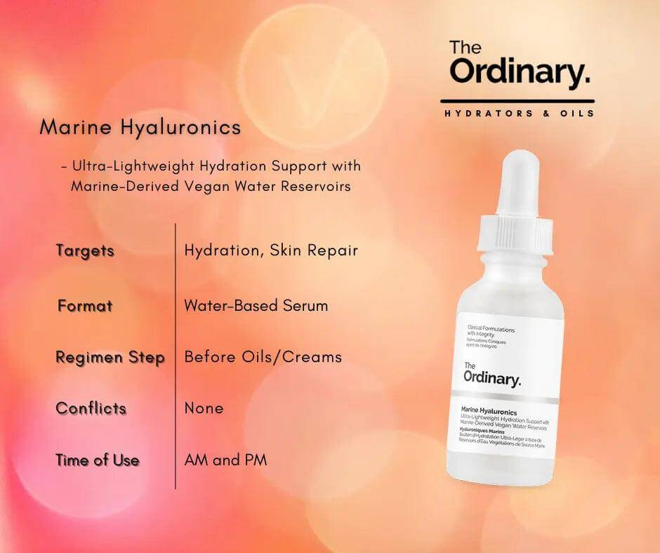 The Ordinary Marine Hyaluronics 30ml serum for hydration and skin repair, featuring a lightweight water-based formula.