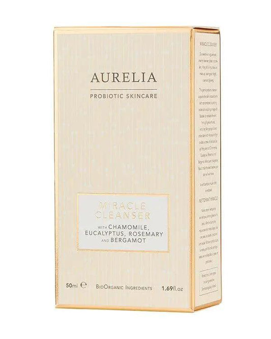 Aurelia London Miracle Cleanser 50ml box featuring chamomile, eucalyptus, rosemary, and bergamot ingredients.