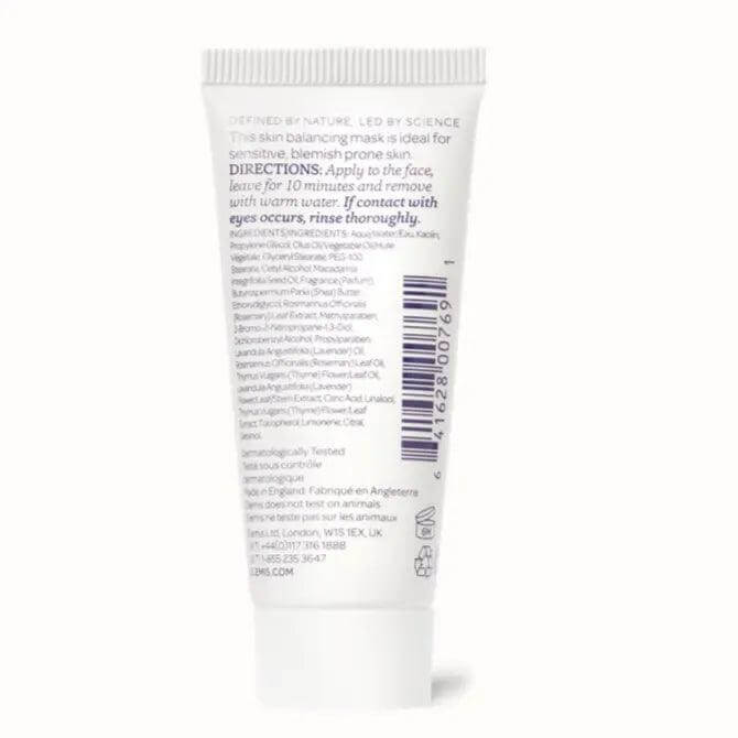 ELEMIS Herbal Lavender Repair Mask tube back view, showcasing directions for use for sensitive skin.