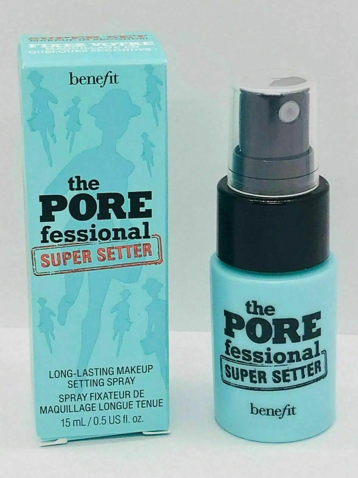 Benefit POREfessional Super Setter 15ml setting spray with packaging for long-lasting, pore-blurring makeup finish.