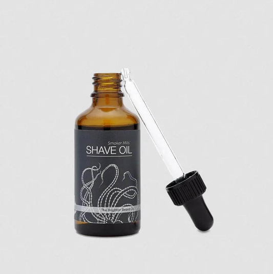 Brighton Beard Co Smoker Mills Shave Oil 30ml bottle with dropper, nourishing pre & post shave oil for better blade glide.