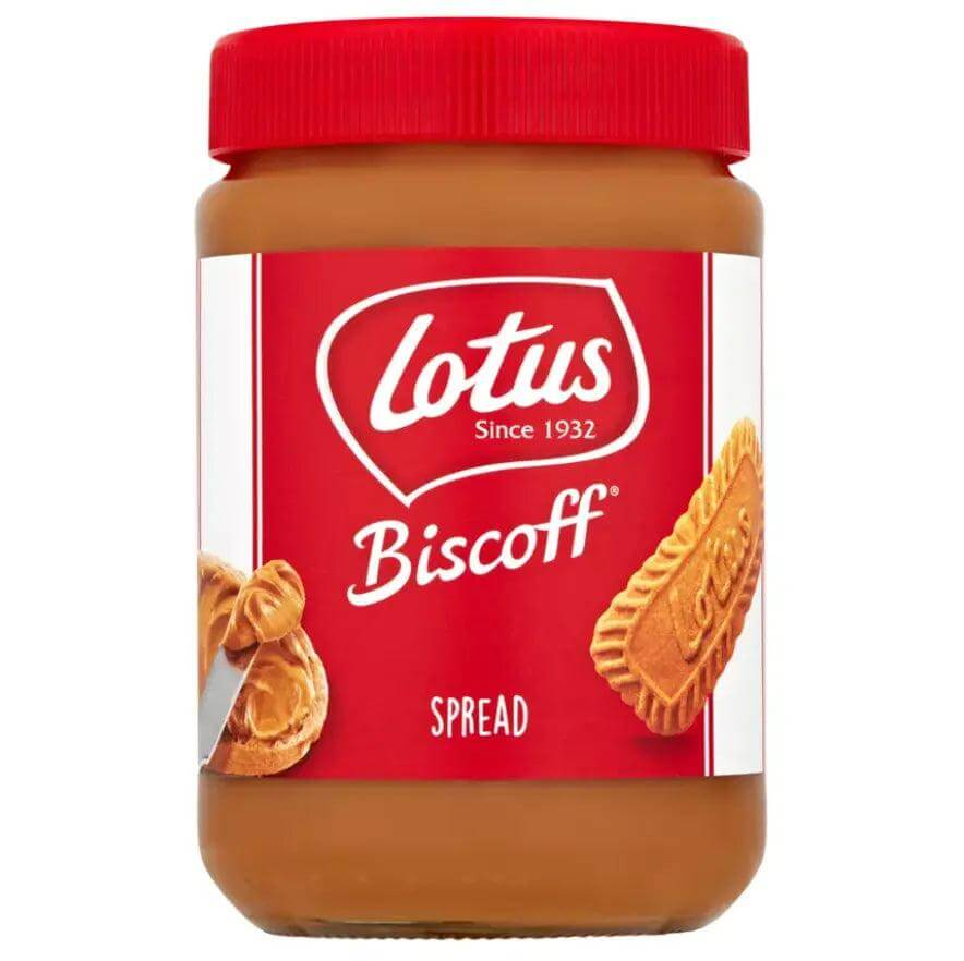 Lotus Biscoff Spread 720g jar with red lid, perfect for spreading on bread and delicious with no added colors or flavors.