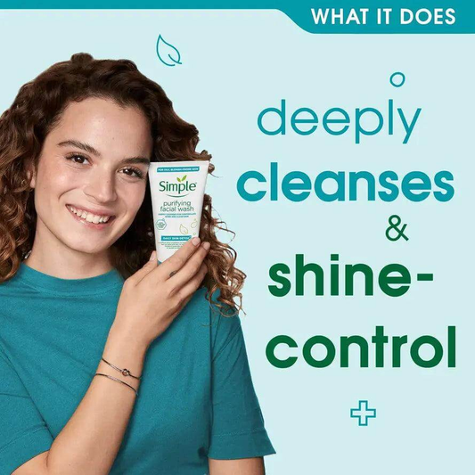 Woman holding Simple Daily Skin Detox Purifying Face Wash highlighting its cleansing and shine-control benefits.